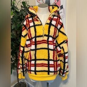 K. Jordan Womens Yellow Plaid Quarter Zip Cozy Fuzzy Fleece Pullover Sz M